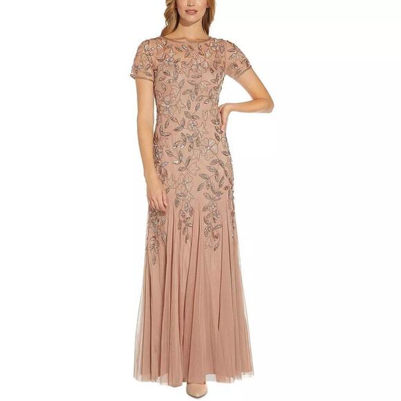 Adrianna Papell Women's Floral Beaded Gown with Godets, Rose Gold Size 8 - Picture 1 of 2
